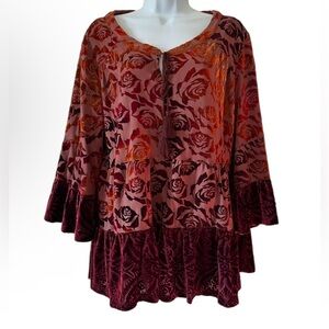 RXB Burgundy Duo Velvet Burnout Floral Boho Whimsigoth Ruffle Blouse-Size Large